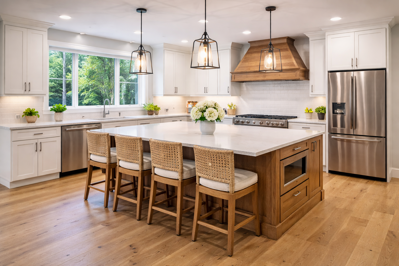 White kitchen with stove, sink, and cabinets; a pot sits on the stove.