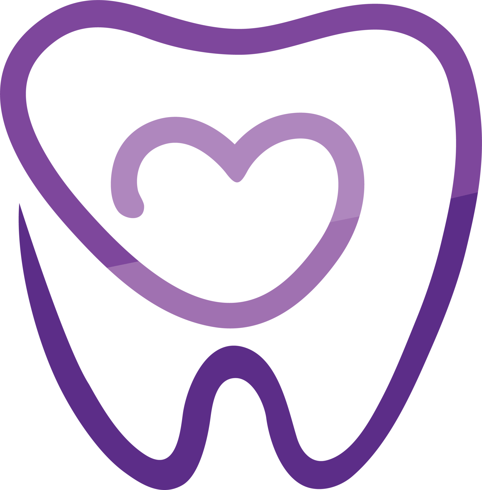 Purple tooth with a heart-shaped swirl inside, likely representing a dental practice with a focus on care.