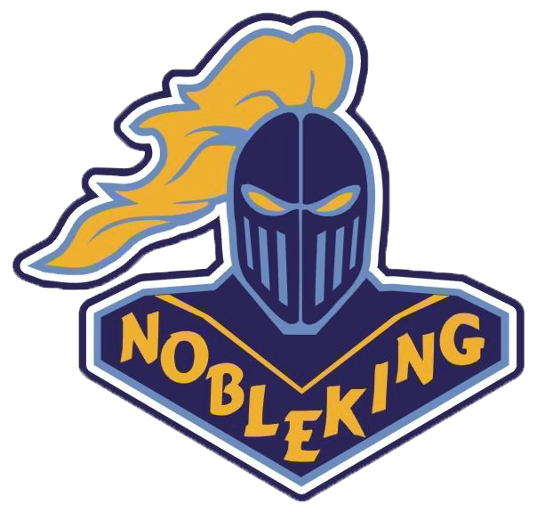 Knight mascot of Noble King, navy blue, light blue, and gold colors.