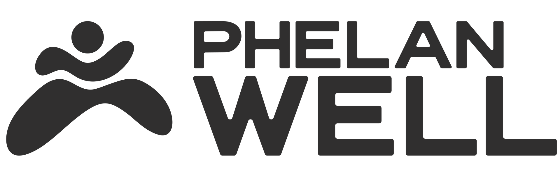 Phelan Well logo: Dark gray stylized figure of a person in motion with the words 