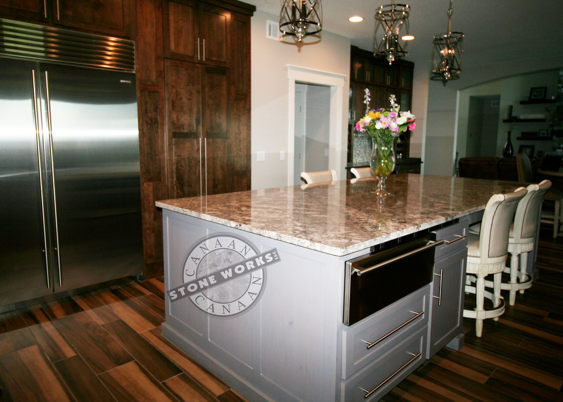 Bianco Antico, granite, stock product, kitchen island, focal point, CL Conus Builders, Piper Lakes