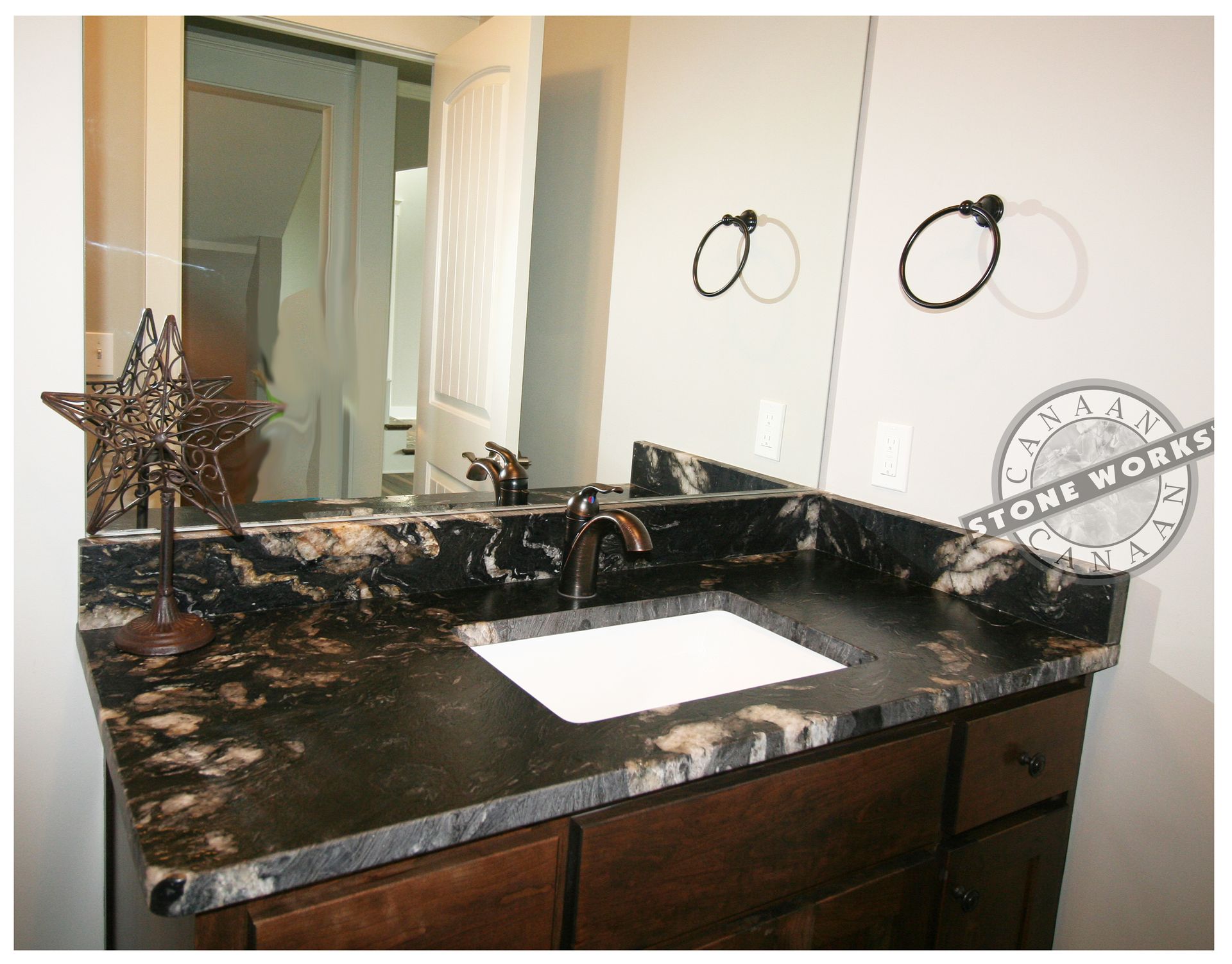 vanity top, guest bath, quality, durable, granite top, simple faucet,