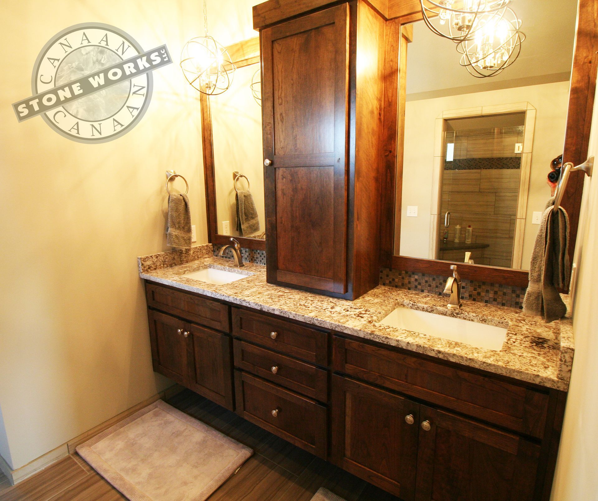 master bath, granite vanity, granite countertop, double sinks, walk-in shower