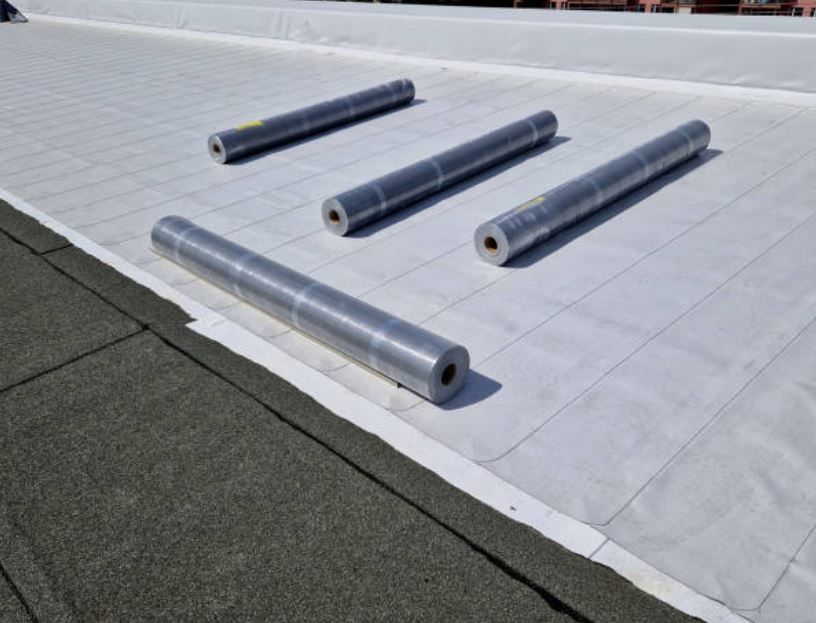 Rolls of EPDM material ready to be installed on commercial roof