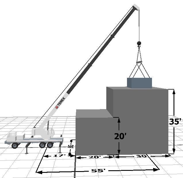 Crane lifting a load over stepped blocks, with 20' and 35' height markings and 85' width measurement. Crane lifting a load over stepped blocks, with 20' and 35' height markings and 85' width measurement.