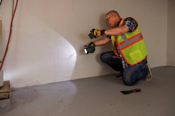A man is kneeling down in a room holding a flashlight.