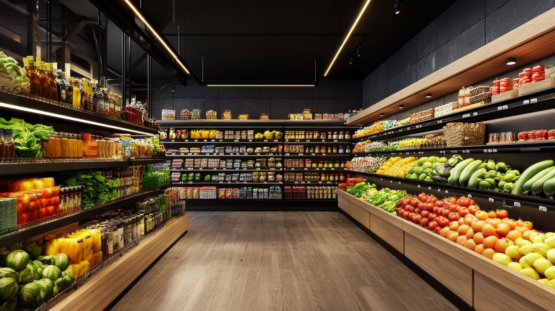 A grocery store aisle filled with fruits and vegetables.