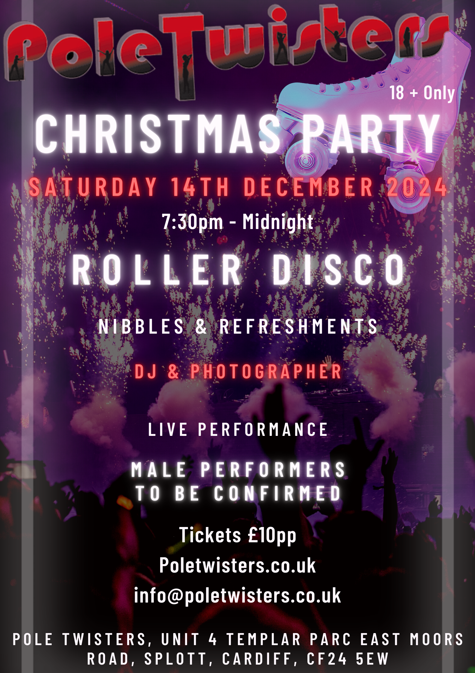 Pole Twisters Christmas Party 2023 in Cardiff with roller disco and male strippers