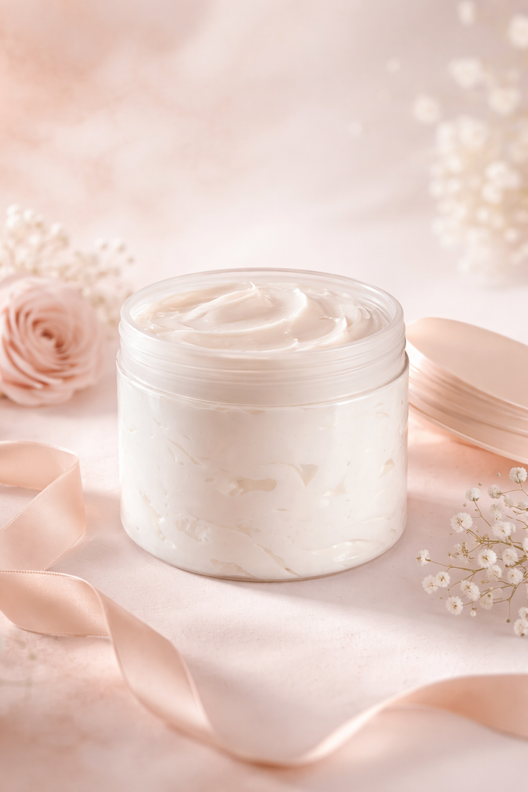Een potje witte room staat op een zachtroze achtergrond, omringd door decoratieve linten en kleine witte bloemen.