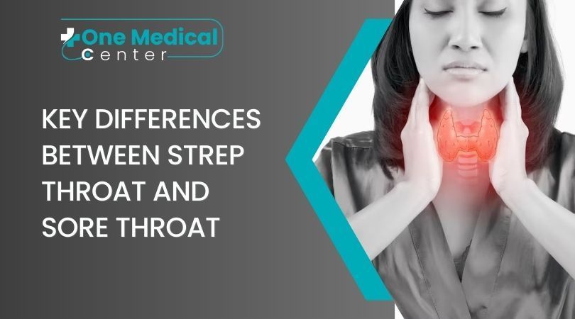 a woman has a sore throat and the words key differences between strep throat and sore throat