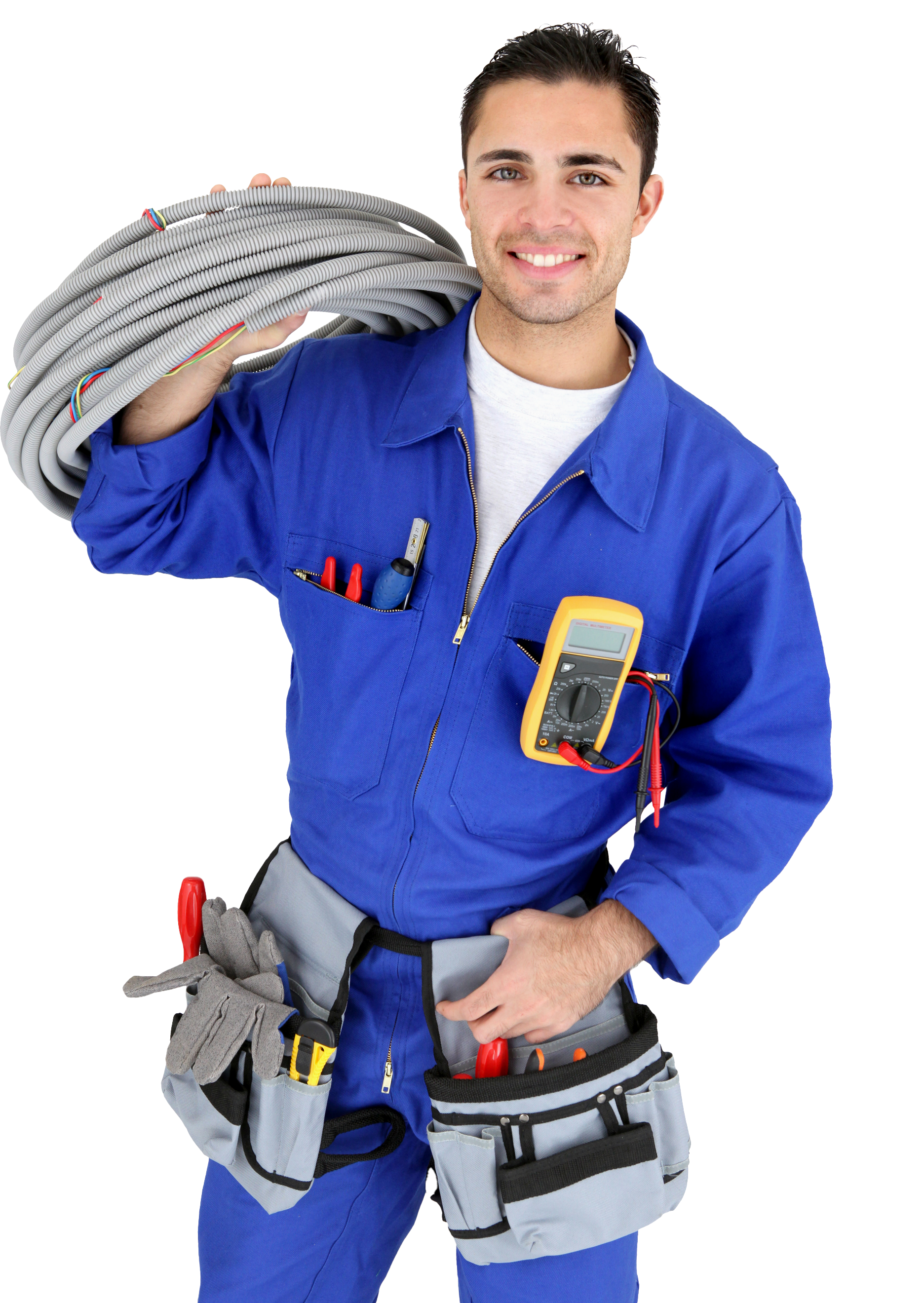 Electrician holding tools and wires