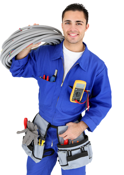 Electrician holding tools and wires