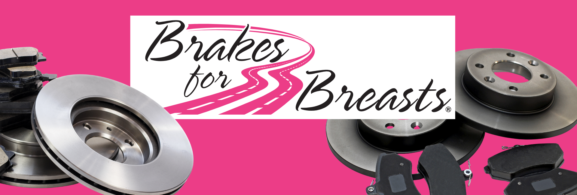 An image of brake pads and rotors promoting Brakes for Breasts