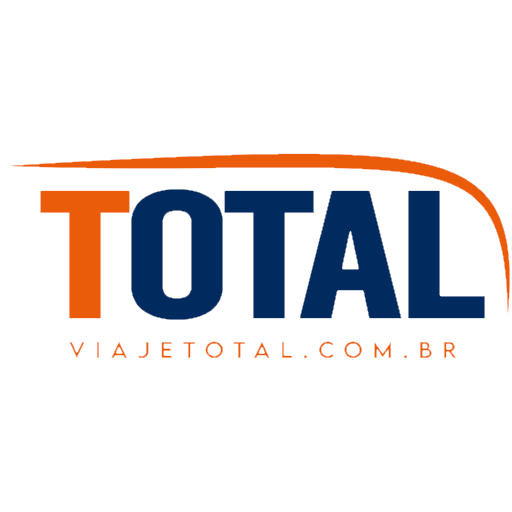 Logotipo da empresa de viagens TOTAL, com texto em laranja e azul e uma linha curva laranja.