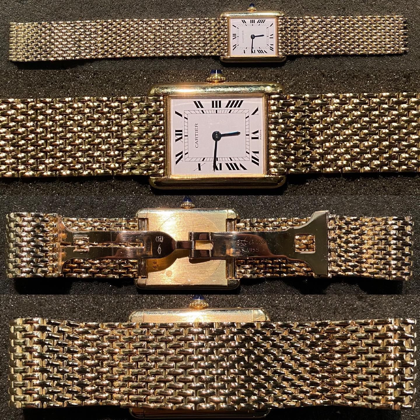 Quattro orologi da polso color oro con cinturino a maglia, disposti verticalmente su uno sfondo scuro, che mostrano i quadranti e la chiusura.