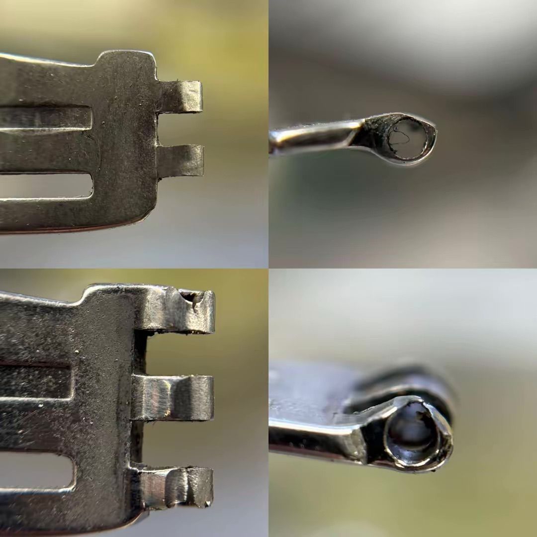 Un primo piano a quattro pannelli del meccanismo di chiusura di un cinturino metallico per orologio, che mostra i perni di cerniera ad incastro e i pezzi di collegamento.