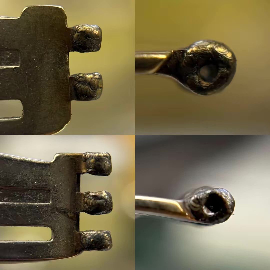 Quattro primi piani delle maglie terminali del bracciale di un orologio in metallo, che mostrano i connettori e i fori per le barrette a molla.