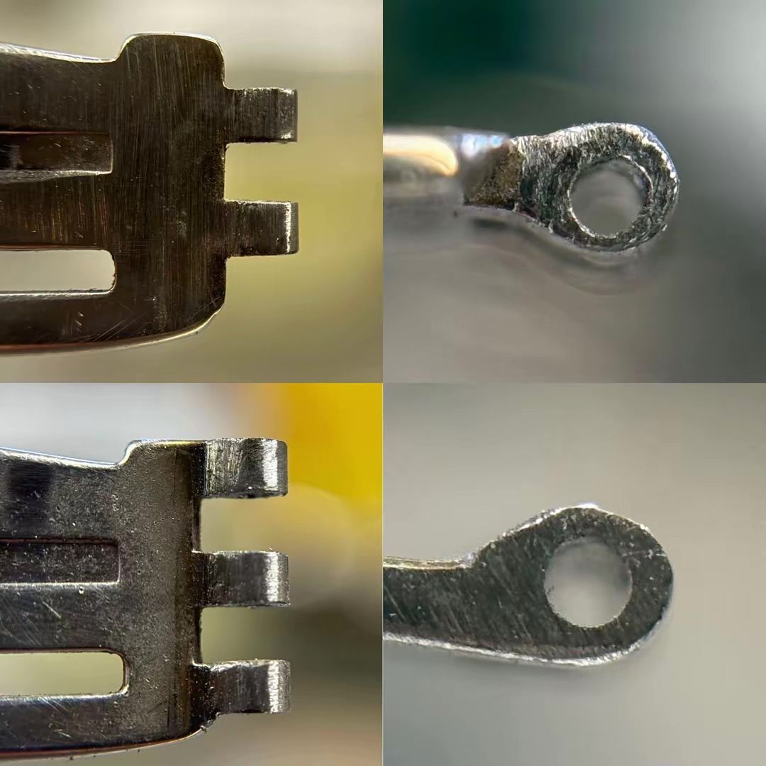 Un collage di quattro primi piani di maglie metalliche di un cinturino per orologio, che mostrano i connettori e i fori di fissaggio.