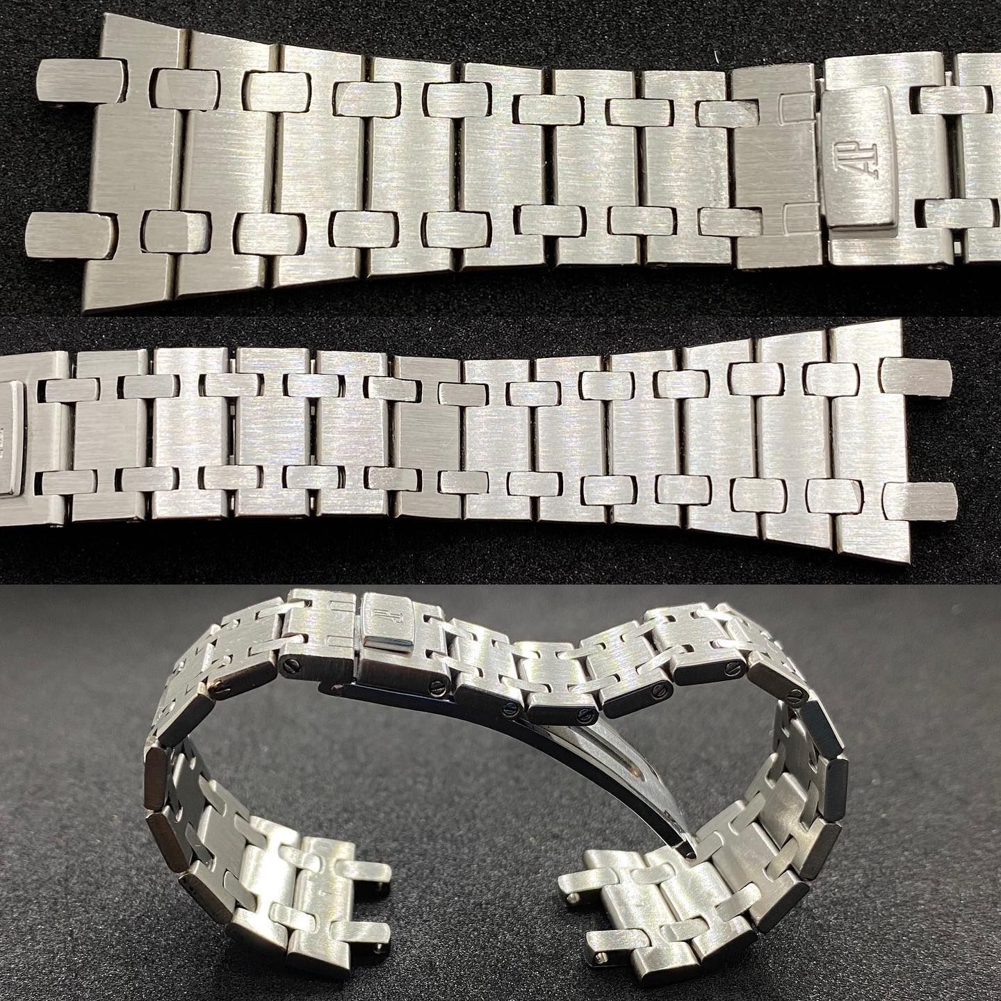 Bracciale per orologio Audemars Piguet Royal Oak in acciaio inossidabile spazzolato, mostrato disteso in due sezioni e arrotolato a formare un anello.