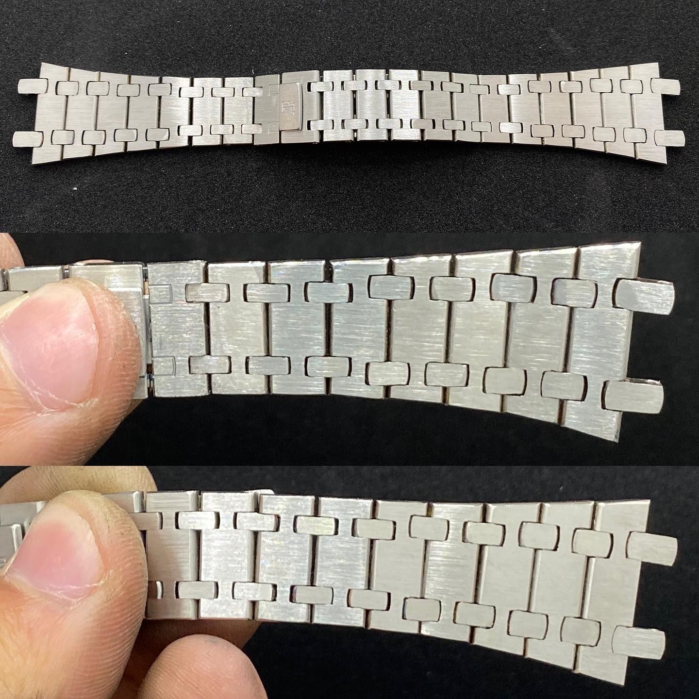 Un collage mostra primi piani di un bracciale per orologio in acciaio inossidabile spazzolato in stile Audemars Piguet con maglie dal design distintivo.