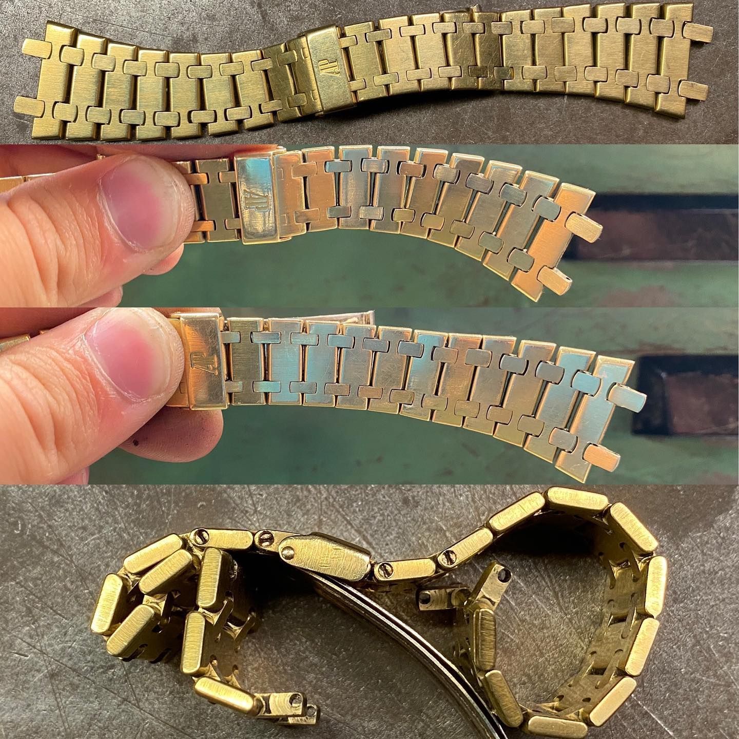 Un collage che mostra primi piani del bracciale in oro di un orologio Audemars Piguet durante le fasi di riparazione, pulizia e lucidatura.