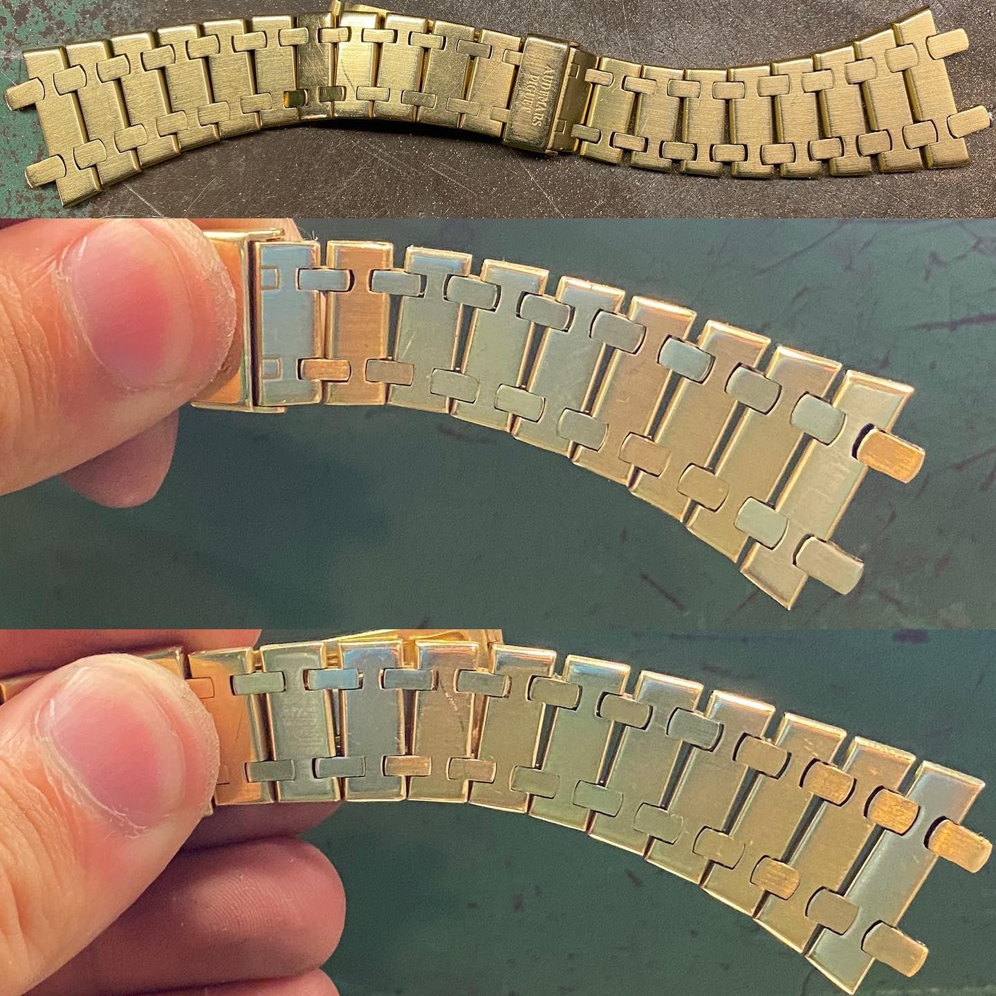 Tre foto ravvicinate di un bracciale per orologio color oro metallizzato con intricati dettagli a maglie, tenuto in mano.