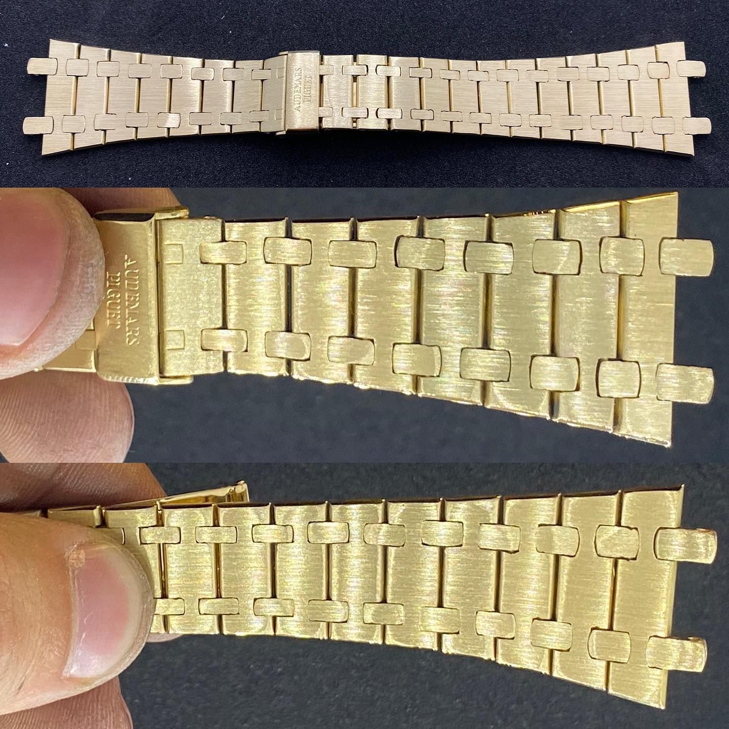 Primo piano di un bracciale per orologio in metallo color oro con un particolare design a maglie, mostrato da diverse angolazioni.