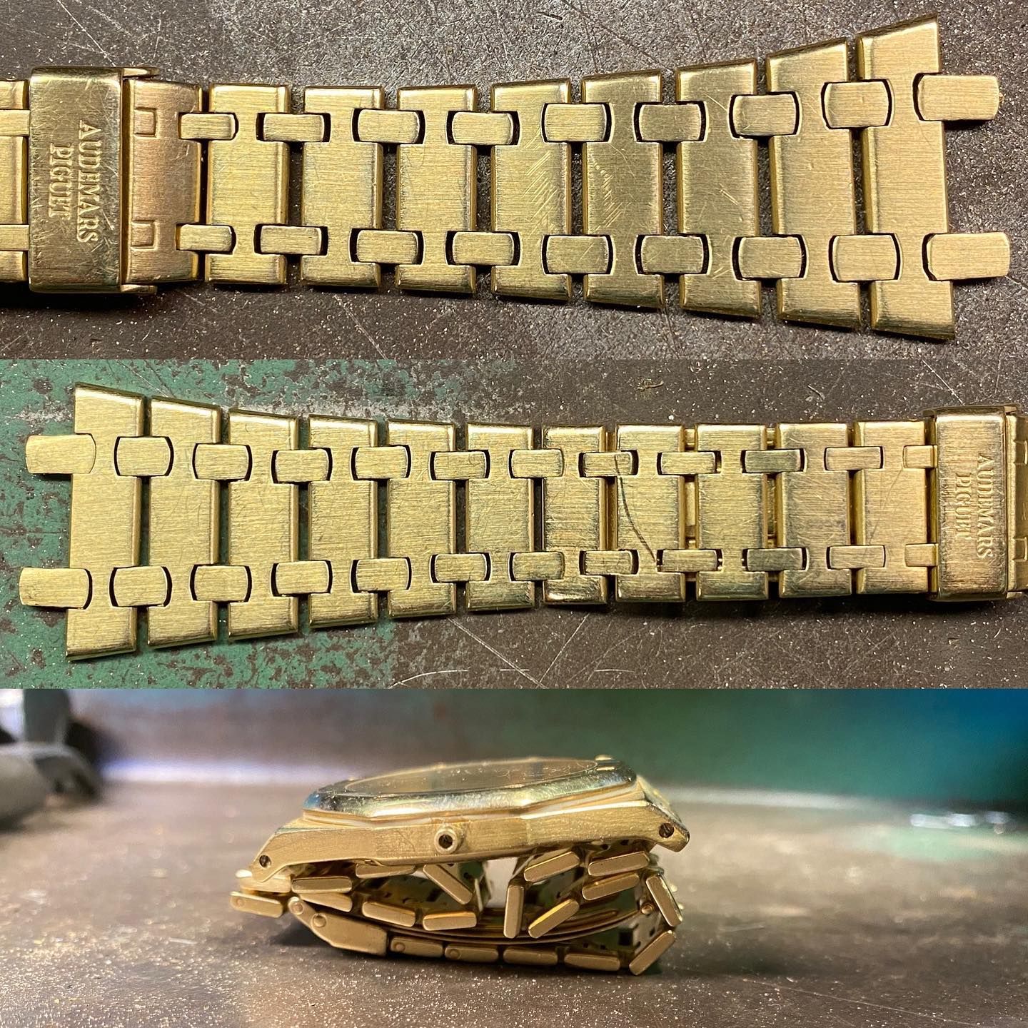 Tre viste di un bracciale per orologio Audemars Piguet color oro, che mostrano due sezioni estese e un gruppo orologio ripiegato.