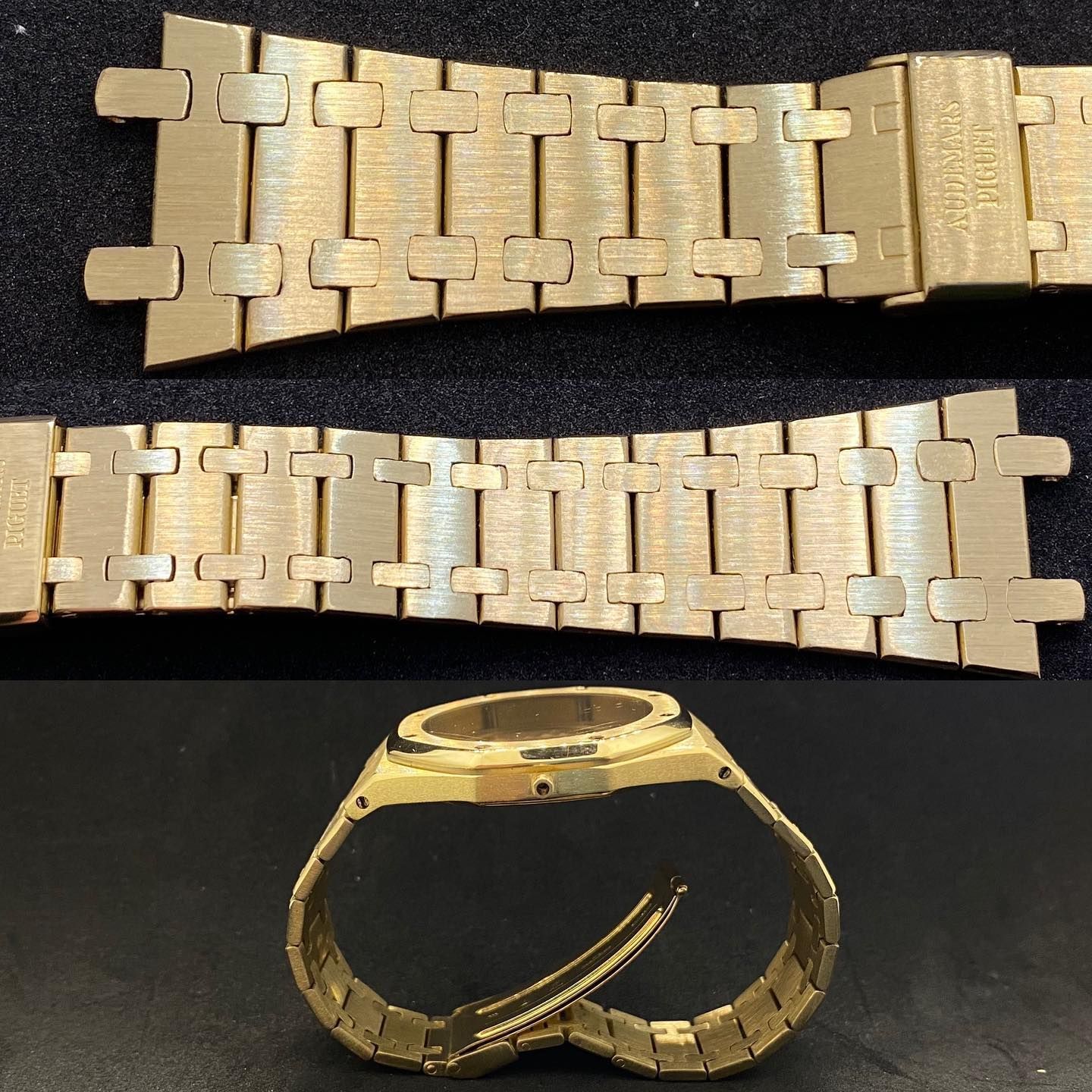 Un collage che mostra un bracciale per orologio a maglie color oro da diverse angolazioni, inclusa la cassa dell'orologio.