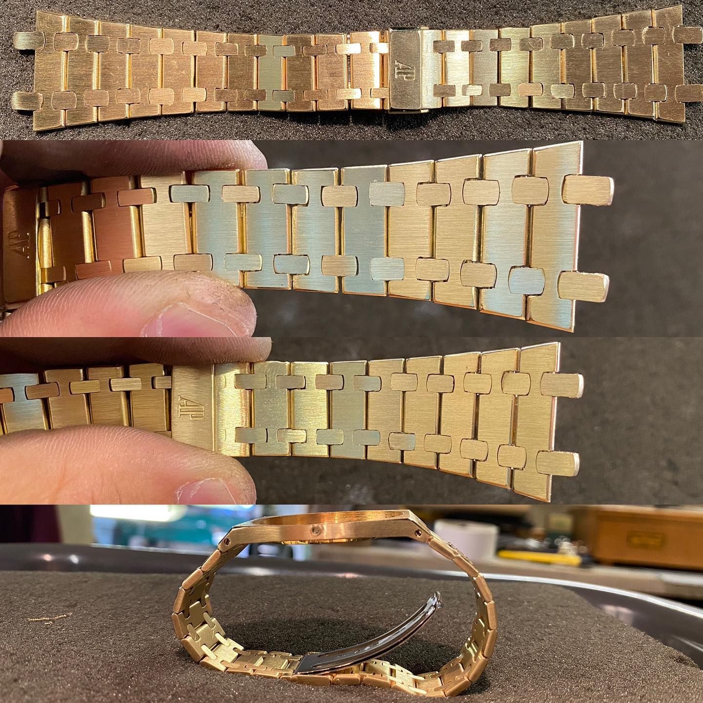 Un bracciale per orologio Audemars Piguet color oro, mostrato da diverse angolazioni, inclusi primi piani delle maglie e della chiusura.