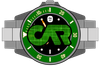 A digital watch face with a green, grid-patterned 