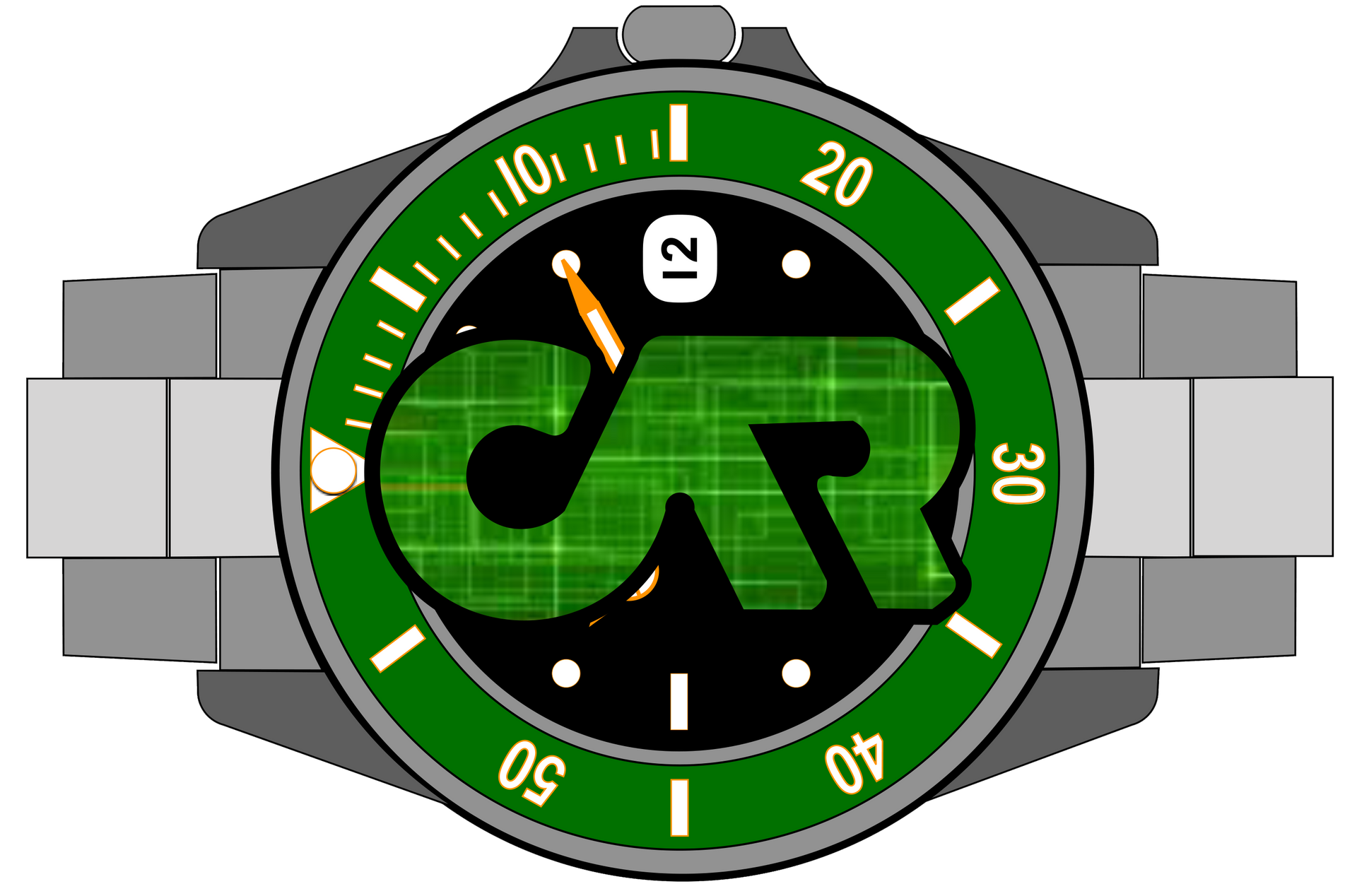 Un orologio da polso con lunetta verde e quadrante scuro caratterizzato da un grande logo 