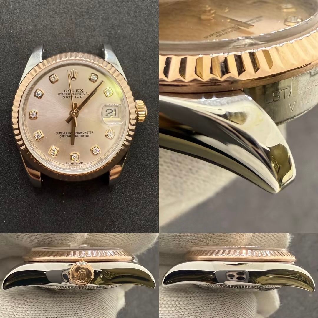 Quattro viste di un orologio Rolex Datejust bicolore con lunetta scanalata in oro, indici delle ore in diamanti e datario.
