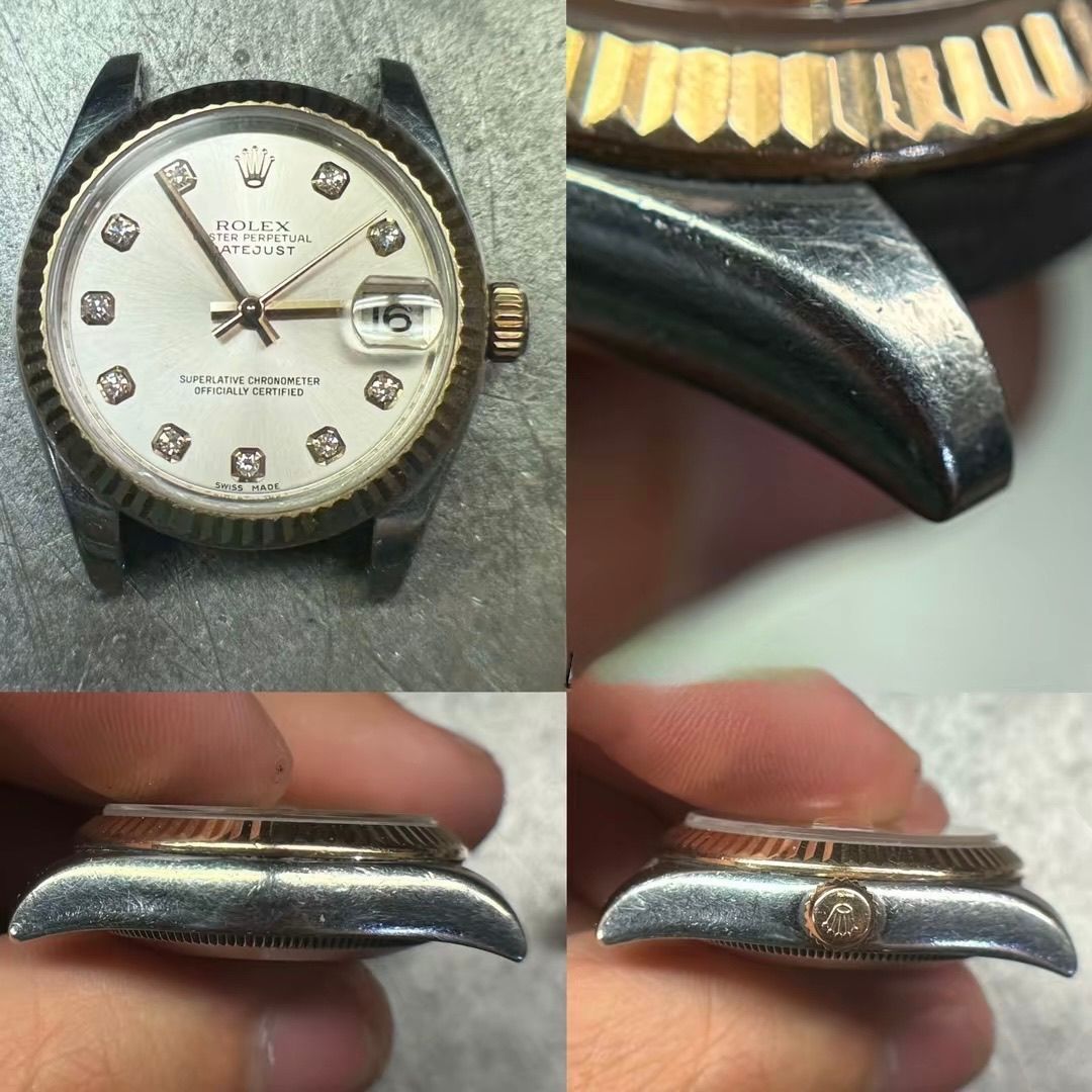 Quattro viste di un orologio Rolex bicolore, che mostrano il quadrante, le anse e il profilo laterale con la corona.