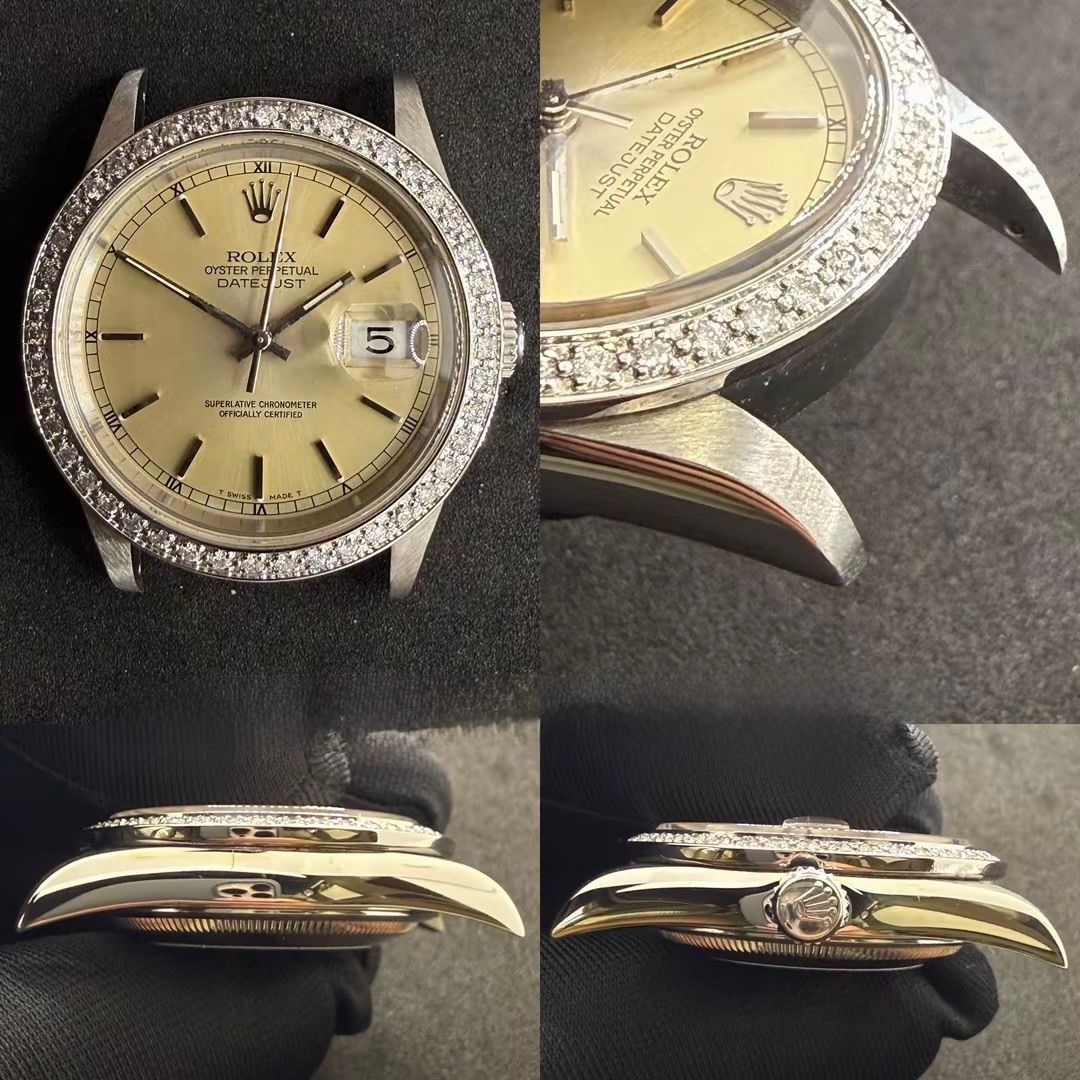 Un orologio Rolex Datejust color oro con lunetta tempestata di diamanti, mostrato frontalmente e lateralmente.