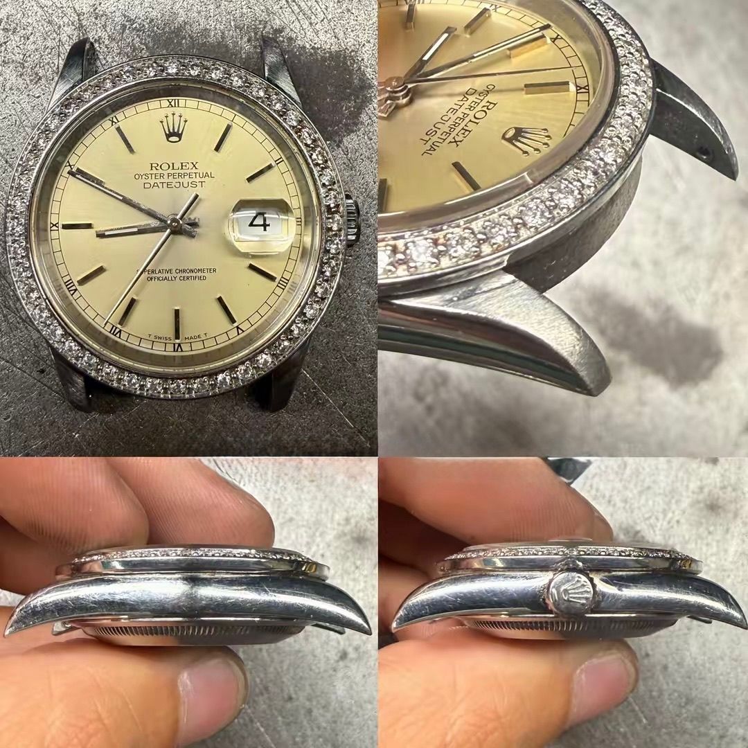 Un montaggio che mostra un orologio Rolex con quadrante dorato e lunetta tempestata di diamanti, ripreso da diverse angolazioni e tenuto in mano da una persona.