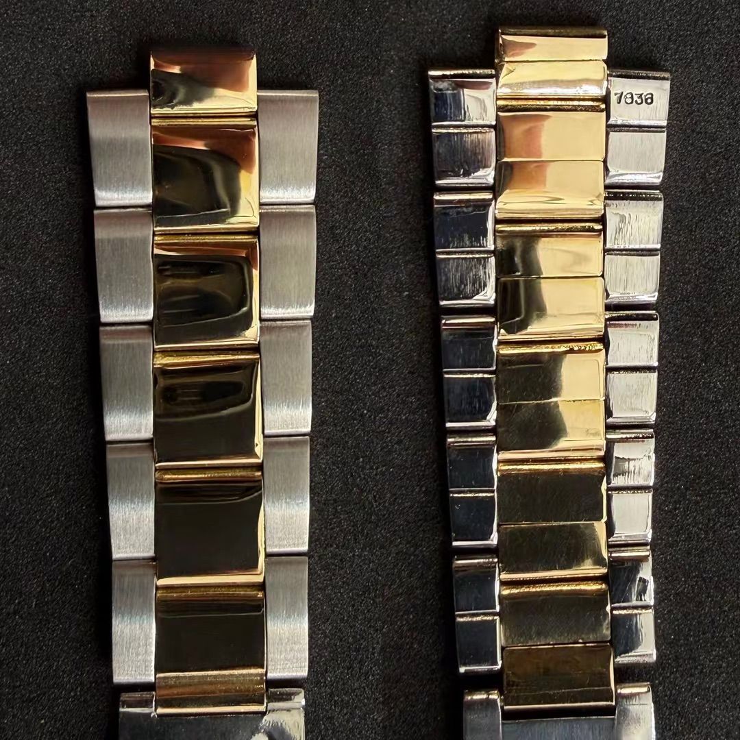 Two watch bracelets side by side; the left is brushed steel and gold, the right is polished steel and yellow gold.