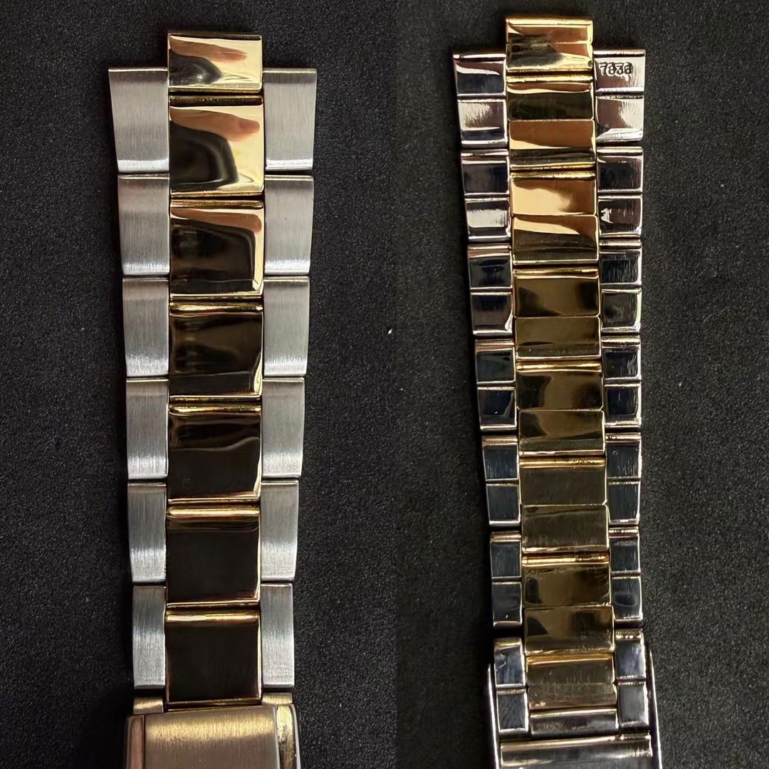 Two metal watch straps side by side against a black background; one is brushed steel and gold, the other is polished.