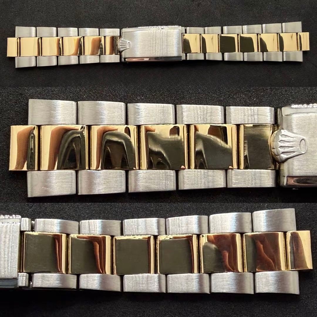 Bracciale bicolore per orologio Rolex Oyster con maglie centrali in oro e maglie esterne in acciaio inossidabile spazzolato, mostrato in sezione.