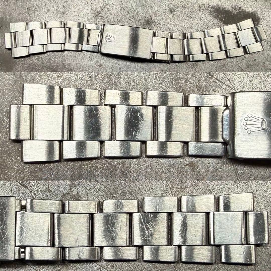 Tre segmenti di un bracciale per orologio Rolex in metallo spazzolato color argento, che mostrano la chiusura con il logo della corona in rilievo.