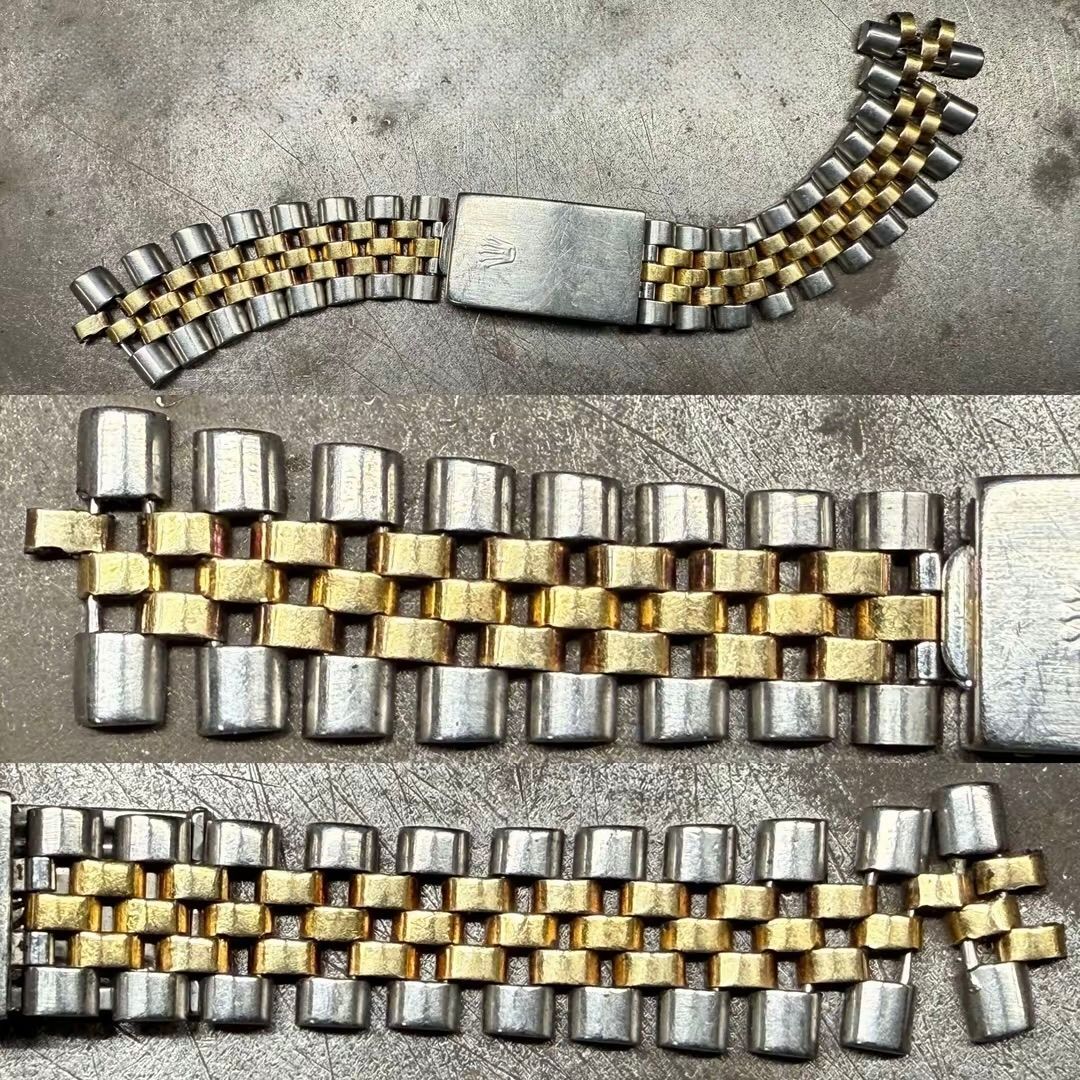 Bracciale per orologio in acciaio inossidabile bicolore e oro, stile Jubilee, con chiusura a scomparsa, mostrato in tre primi piani.