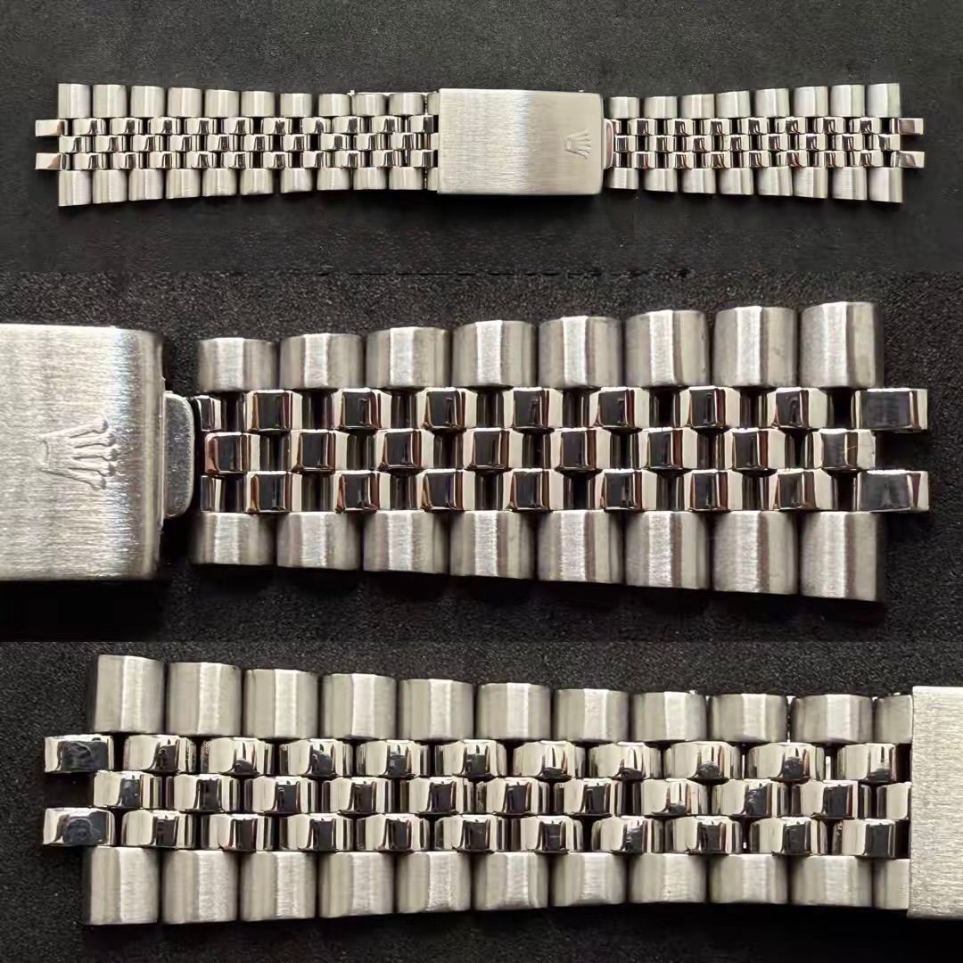 Un bracciale Rolex Jubilee in argento, mostrato in tre primi piani, comprese la chiusura e le maglie.