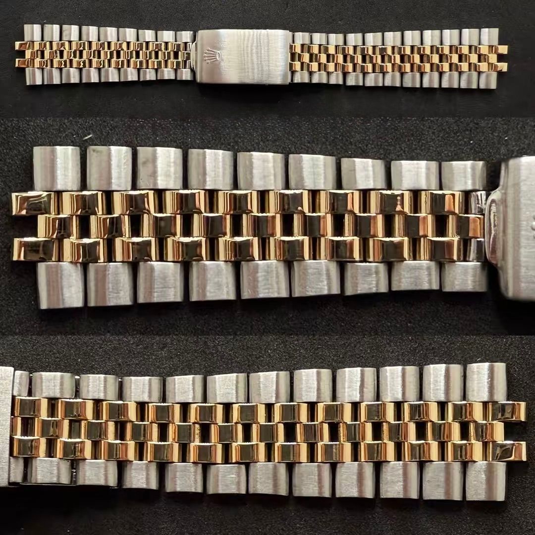 Bracciale per orologio Jubilee bicolore in argento e oro, mostrato in tre sezioni separate su sfondo scuro.