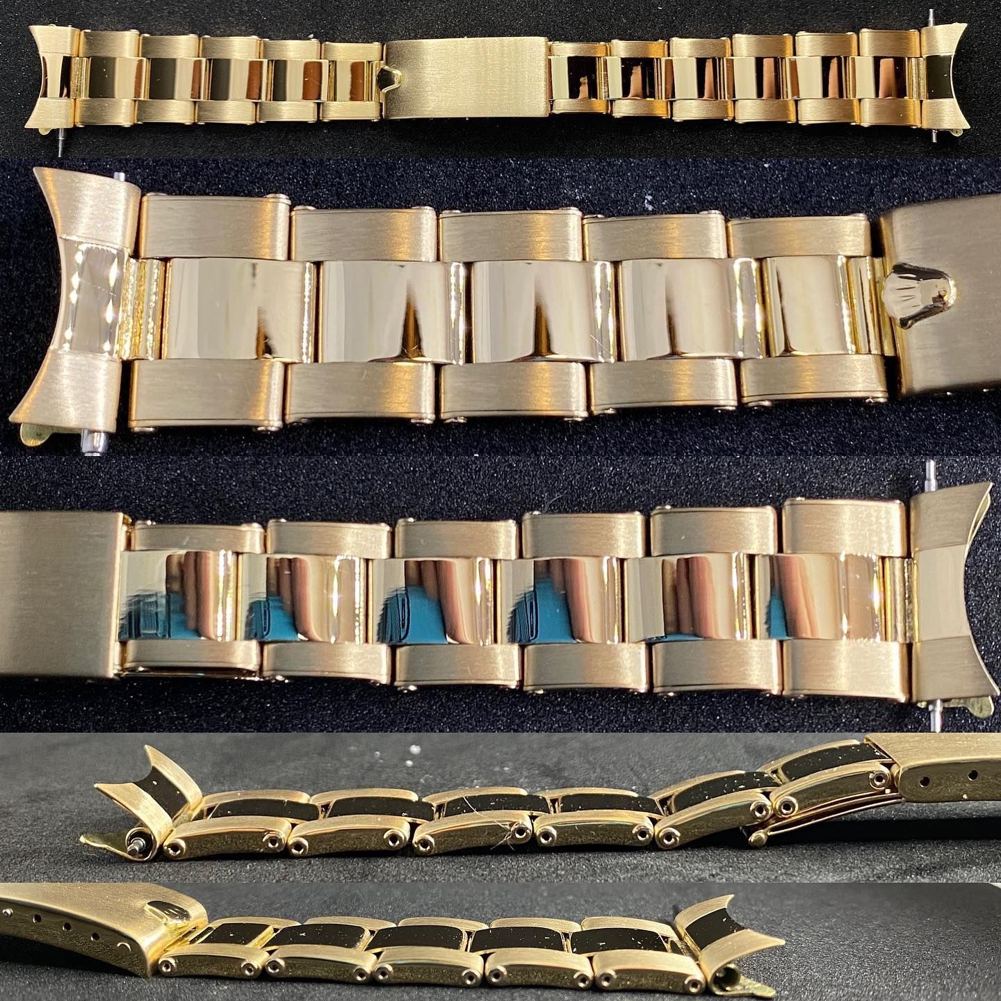 Bracciale per orologio in metallo color oro con maglie terminali curve, mostrato da diverse angolazioni su uno sfondo scuro e strutturato.