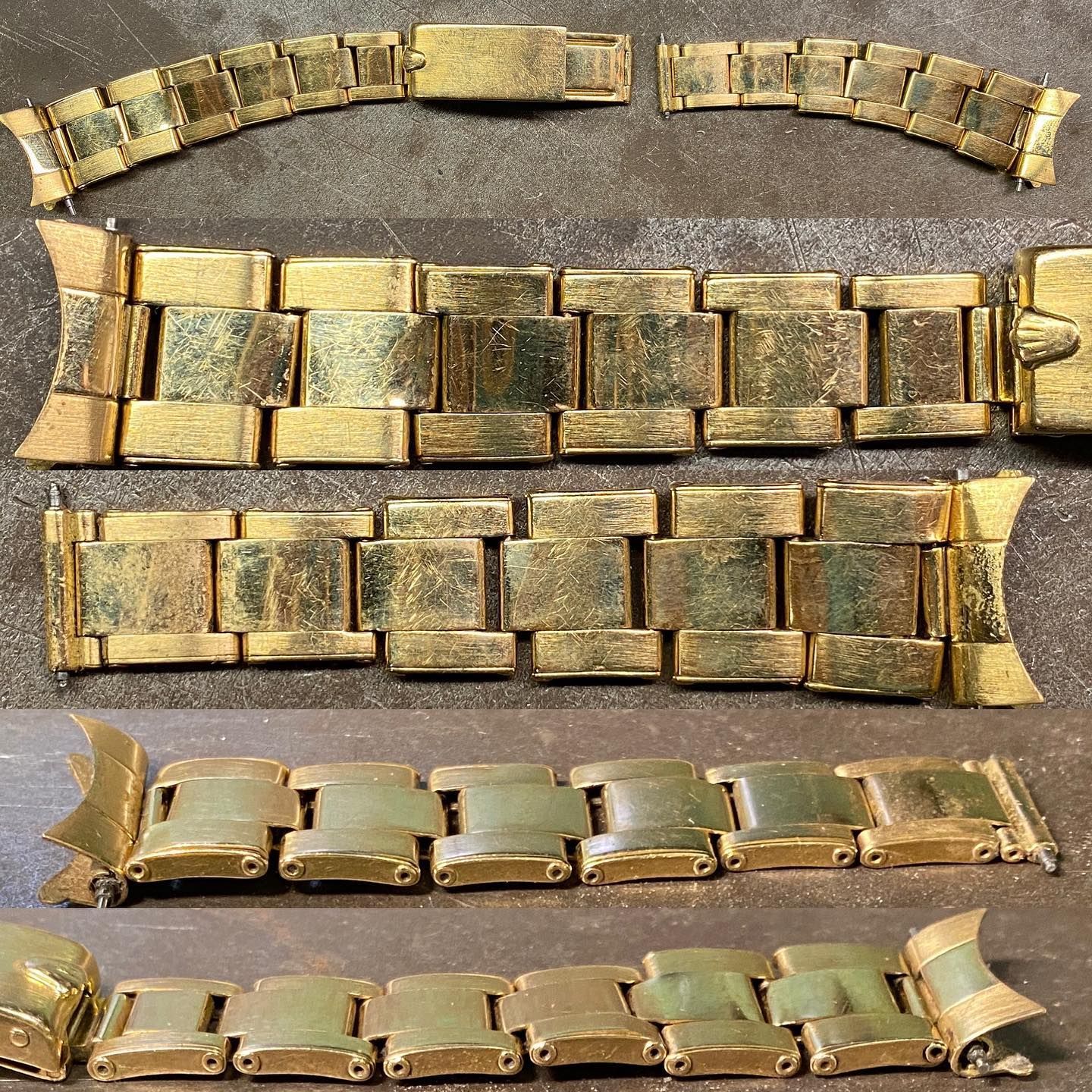 Su una superficie scura e ruvida sono disposti diversi cinturini d'oro per orologi, in vari stadi di smontaggio.