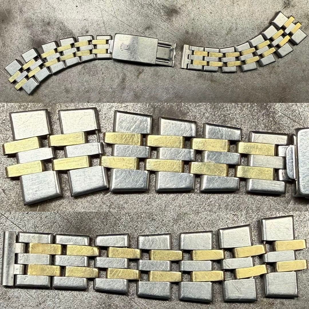 Immagine composta da tre parti che mostrano segmenti di un bracciale per orologio in metallo bicolore argento e oro, adagiato su una superficie grigia ruvida.