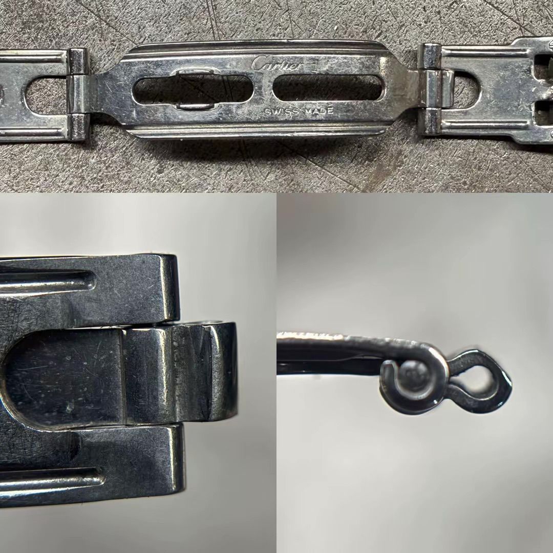 Tre primi piani di una chiusura metallica a cerniera per bracciale di orologio, che mostrano il meccanismo di incastro e la finitura metallica.