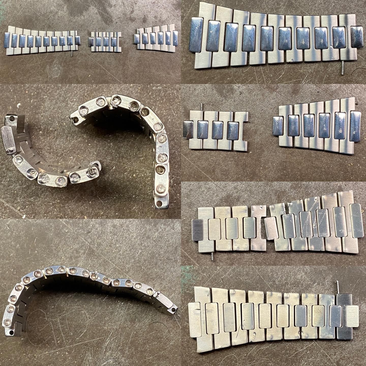 Un collage di cinturini per orologi color argento e maglie singole, esposti su uno sfondo neutro.