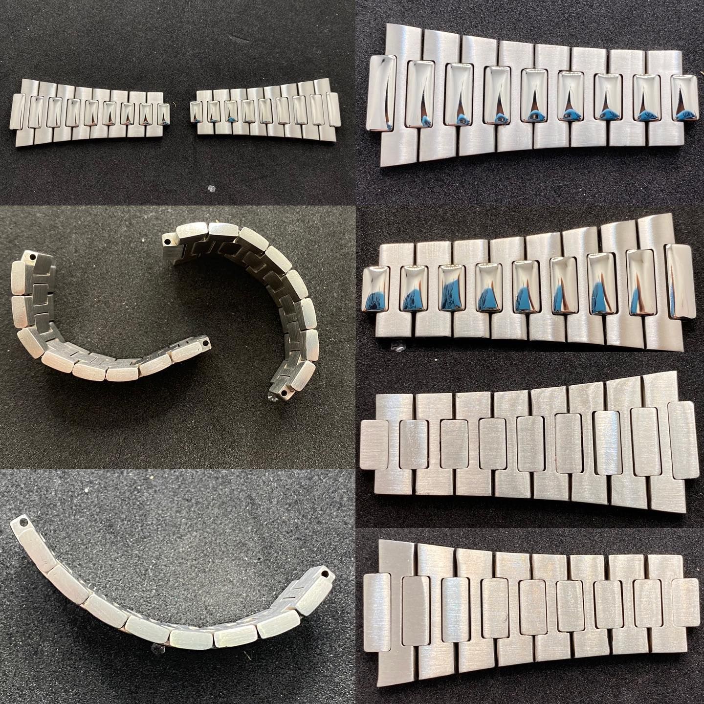 Un collage di maglie di bracciale di orologio in metallo color argento, mostrate da diverse angolazioni e posizioni su una superficie scura.