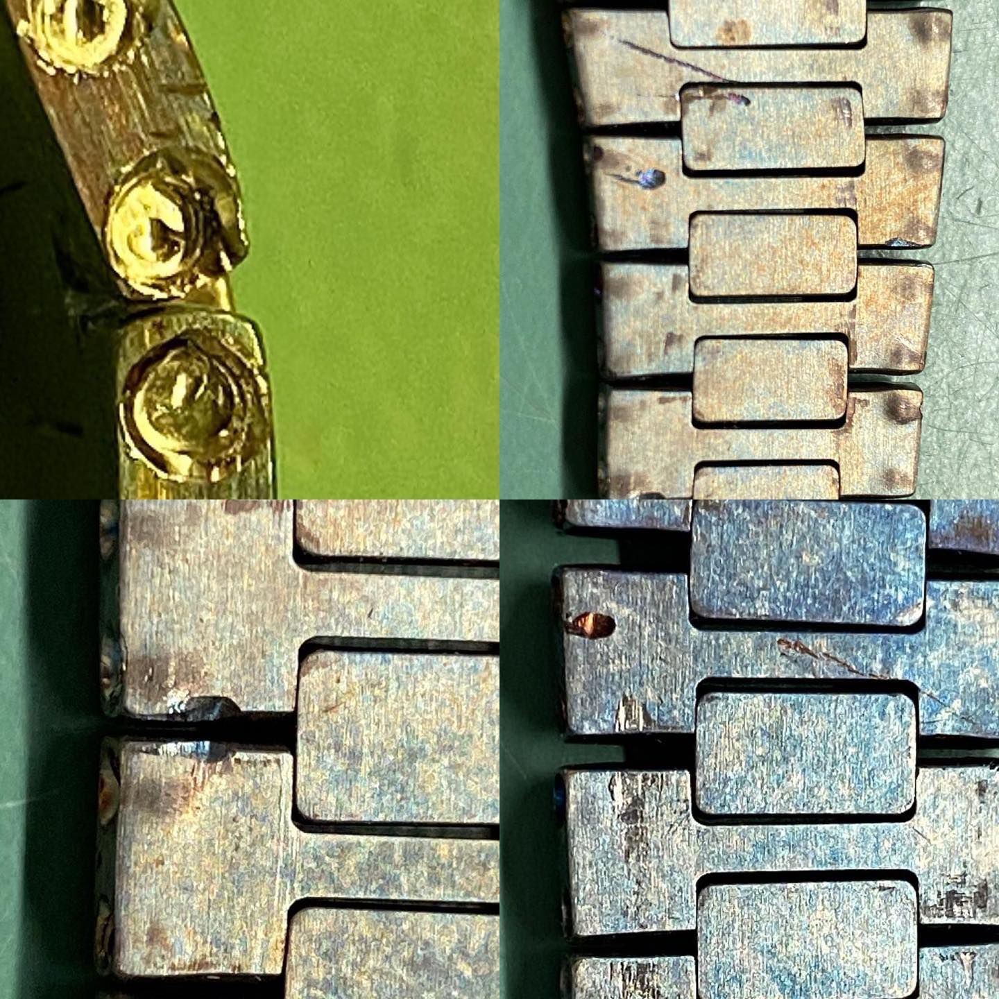 Vista ravvicinata di quattro quadranti che mostrano le maglie del bracciale di un orologio in metallo color oro con segni di usura, ossidazione e graffi.